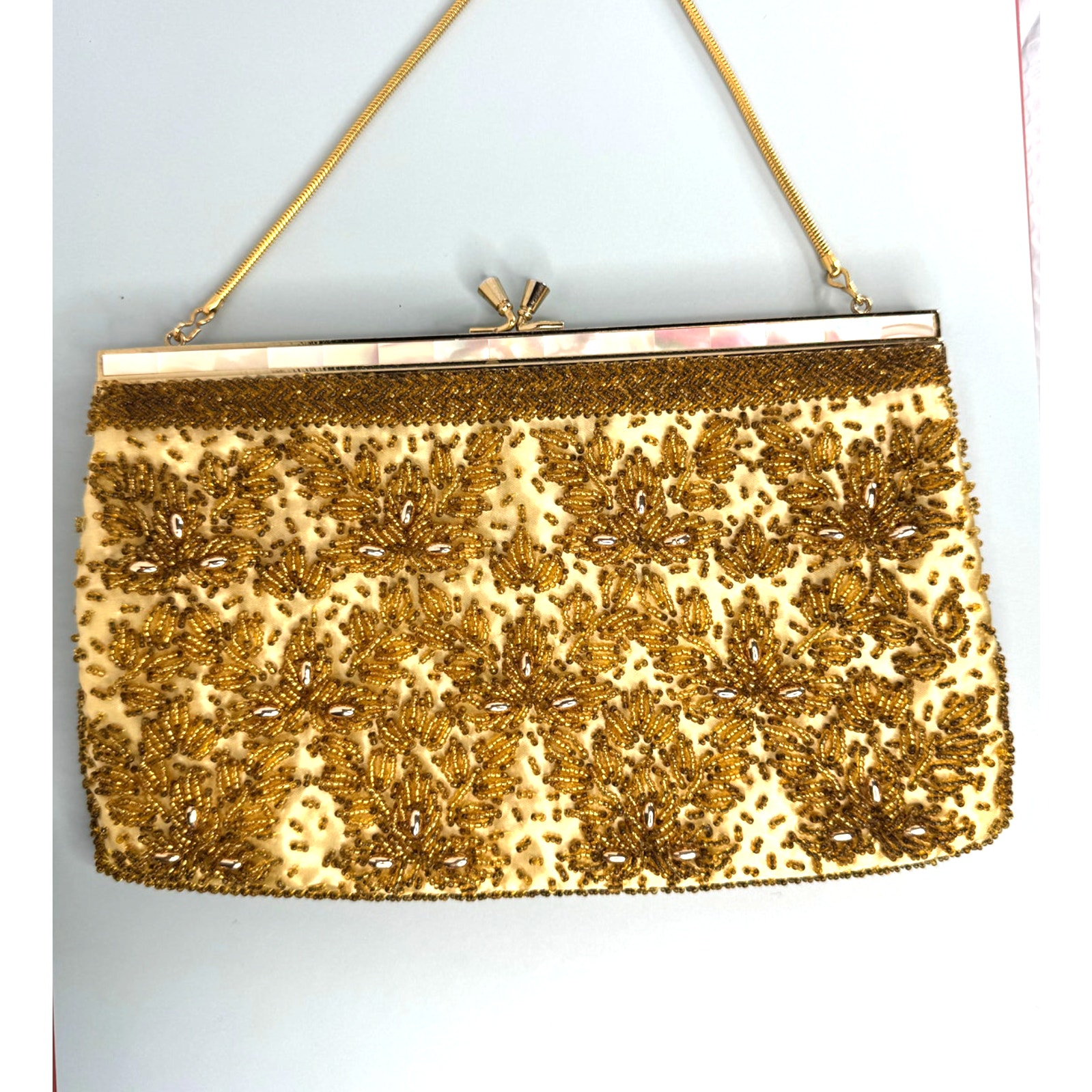 Vintage Gold Beaded Evening Bag W/Mother Of Pearl Inlay - Bags By Debbie Hk